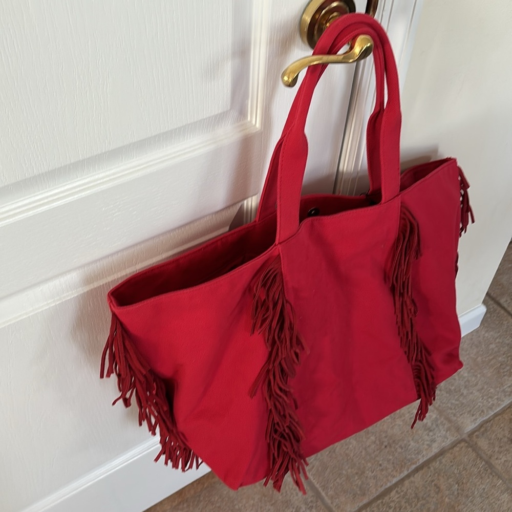 MILA LOS ANGELES LADIES RED CANVAS FRINGE BOHO TOTE BAG - Picture 10 of 11